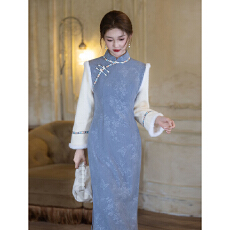 批发蓝色<b class='q'>旗袍</b>2025新款加绒加厚长袖新中式高级感年轻款少女<b class='q'>连衣裙</b>秋冬