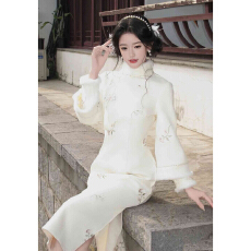 批发新中式国风加绒毛领改良旗袍高级感温柔气质收腰连衣裙2025冬新款