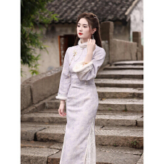 批发巨好看新中式旗袍2025新款气质高端年轻款紫色优雅连衣裙<b class='q'>秋</b>冬加绒