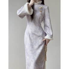 批发紫色旗袍加绒加厚<b class='q'>秋</b>冬季长款新中式修身细腰年轻新款中国风连衣裙