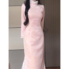 批发抹茶麻薯2025年冬季新款粉色素雅新中式保暖加绒旗袍气质淑女范