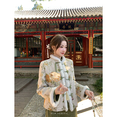 批发新中式国风万物生提花外套女冬夹棉保暖立领开衫连衣裙套装