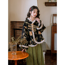 批发松莺复古绣花改良旗袍连衣裙新中式提花加绒外套女<b class='q'>秋</b>冬