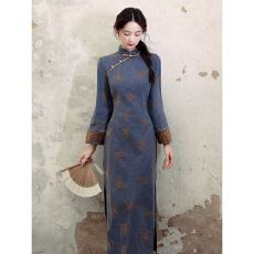 批发新中式刺绣旗袍改良年轻款女<b class='q'>秋</b>冬新款复古气质连衣裙小众设计裙子