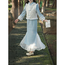 批发复古蓝色<b class='q'>改良</b>新中式倒大袖<b class='q'>旗袍</b>女2025冬新款加绒保暖素雅年轻款