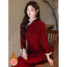 批发酒红色旗袍2025新款结婚提花敬酒服加绒加厚改良新娘新中式<b class='q'>秋</b>冬季