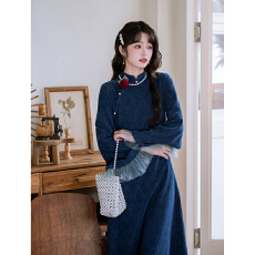 批发【蓝瓷】复古蓝色改良旗袍连衣裙2025<b class='q'>秋</b>冬新款网纱拼接长裙