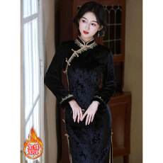 批发黑色旗袍2025冬款新中式复古高端修身显瘦国风连衣裙加绒加厚<b class='q'>优雅</b>