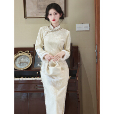 批发绝美气质米白色丝绒旗袍加绒冬款新中式高级感修身连衣裙