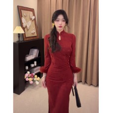 批发【织锦】红色加绒弹力新中式旗袍<b class='q'>秋</b>冬新款改良款旗袍连衣裙衣长袖