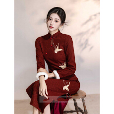 批发加绒加厚红色旗袍冬装新款<b class='q'>秋</b>冬季长袖新中式订婚礼服裙敬酒服新娘