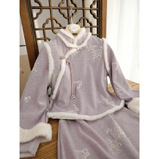 批发紫色复古新中式旗袍马甲两件套2025<b class='q'>冬</b>新款保暖毛绒领年轻款素雅风