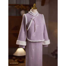 批发紫色旗袍2025新款<b class='q'>秋</b>冬季长袖新中式冬装外搭马甲套装复古气质高贵