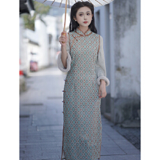 批发绿色新中式倒大袖旗袍2025冬季新款复古民国风年轻款少女日常百搭