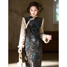 批发【梧桐影】新中式韩国绒拼接长袖旗袍<b class='q'>冬</b>季保暖日常加绒国风女