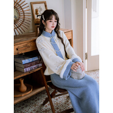 批发【玉蝴蝶】满幅花卉蝴蝶刺绣国风加绒外套仿水貂绒半身裙套装女