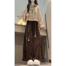 批发新中式国风套装巨好看复古盘扣毛毛袖外套阔腿休闲裤两件套2025<b class='q'>冬</b>