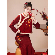 批发红色旗袍加绒加厚2025新款特别漂亮红色连衣裙冬装新中式长袖套装