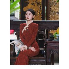 批发粉雪梦紫色新中式改良旗袍女<b class='q'>冬</b>装加厚毛边元旦圣诞连衣裙