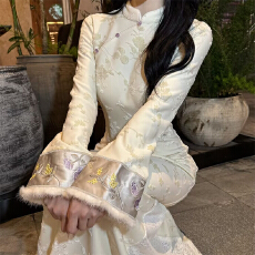 批发画报夫人新款温柔植绒米白旗袍鱼尾蕾丝拼接 温柔白_