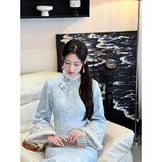 批发改良旗袍蓝色少女年轻款2025加绒<b class='q'>冬</b>装复古民国风日常绝美新中式