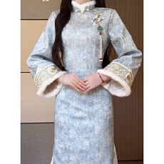 批发巨好看2025年<b class='q'>冬</b>季新款加绒加厚毛倒大袖旗袍刺绣复合提花改良旗袍