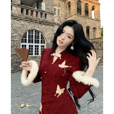 批发赤羽琉璃  新中式国风改良彩蝶提花收腰旗袍连衣裙