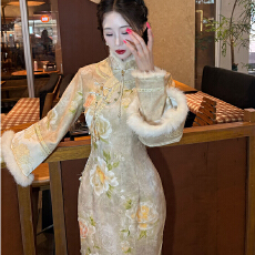 批发新中式国风自制厚款针织保暖2025秋<b class='q'>冬</b>旗袍  清宫芍药花旗袍_