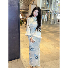 批发2025秋<b class='q'>冬</b>自制国风新中式改良旗袍连衣裙 清宫晚香玉