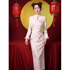 批发新中式旗袍秋<b class='q'>冬</b>季长袖加绒加厚<b class='q'>冬</b>装女改良年轻款国风连衣裙米白色