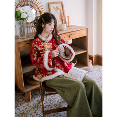 批发【松莺】复古绣花新中式提花加绒红色外套女