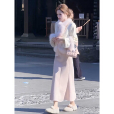 批发新中式国风套装毛毛拼接短外套半裙大方得体穿搭气质两件套2025冬