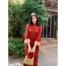 批发国风富家千金旗袍订婚穿搭绝美新中式气质复古红色提花盘扣连衣裙