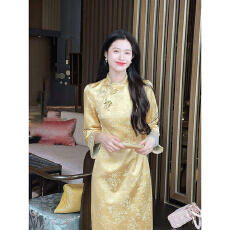 批发新中式国风黄色加厚提花改良旗袍独特漂亮气质感优雅<b class='q'>连衣裙</b>2026年