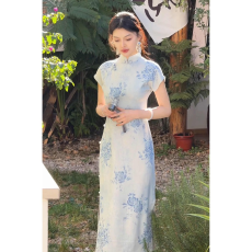 批发2026春夏新款<b class='q'>复古</b>单层冰蓝温柔清新气质风显白显瘦修身旗袍