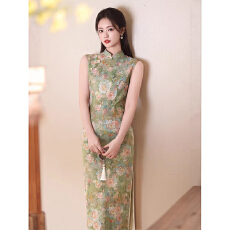 批发2026<b class='q'>春</b>夏新款旗袍新中式油画风无袖长款绿色旗袍清新烟雨江南旗袍