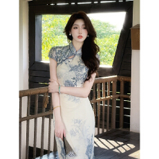 批发2026新款青花瓷新中式印花改良旗袍连衣裙女早<b class='q'>秋</b>镂空收腰长裙