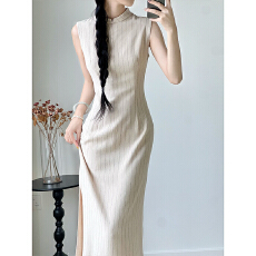 批发新中式复古港工旗袍条纹<b class='q'>春</b>夏改良旗袍无袖显瘦日常旗袍_