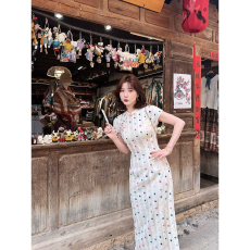批发新中式国风【彩虹糖豆】复古改良旗袍裙女<b class='q'>夏</b>波点条纹长裙