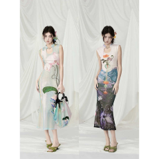 批发法式印花荡领收腰鱼尾连衣裙海边度假高级感性感纯欲气质包臀长裙