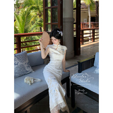 青鸟衔芳 新中式重工花鸟刺绣提花改良旗袍蕾丝拼接长裙