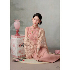 批发【玉思黛】新中式改良旗袍无袖粉色长裙肌理料复古风气质显瘦日常