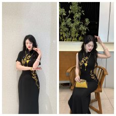 批发【金梅报喜】自制新中式国风修身显瘦黑色女复古旗袍连衣裙