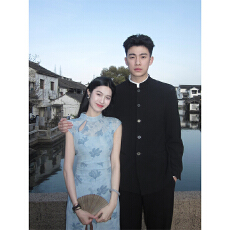 批发水韵蓝笺'新中式植绒旗袍女春夏罩衫吊带明媚漂亮连衣裙