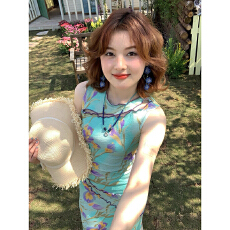 批发鸢尾花弹力针织印花连衣裙夏季新款新中式收腰无袖中长裙女