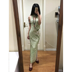 批发新中式薄荷绿百<b class='q'>合</b>印花无袖旗袍女夏修身显瘦复古风长裙