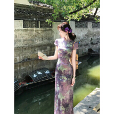 批发【珠玉】复古印花<b class='q'>提花</b>新中式旗袍修身显瘦<b class='q'>连衣裙</b>女