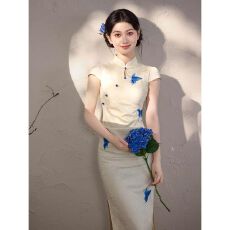 批发新中式白色蝴蝶刺绣<b class='q'>旗袍</b>2026<b class='q'>新款</b>女夏季日常气质高级感立领连衣裙