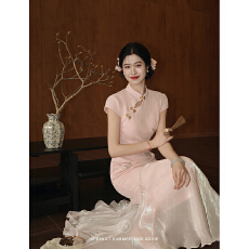 批发玉簪记'新中式蝴蝶流苏假两件旗袍女<b class='q'>春</b>夏刺绣针织连衣裙_