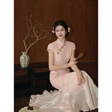 批发玉簪记'新中式蝴蝶流苏假两件旗袍女<b class='q'>春</b>夏刺绣针织连衣裙